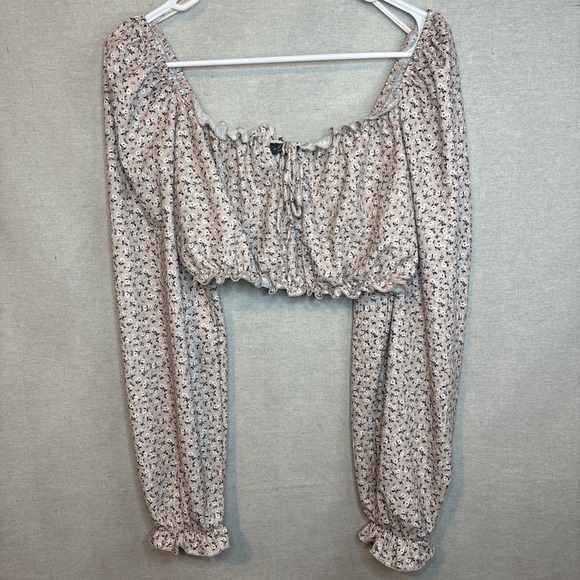 Primark Pink Floral Crop Top Medium Off Shoulder Long Sleeve Fairy Boho Peasant‎ - Picture 3 of 8